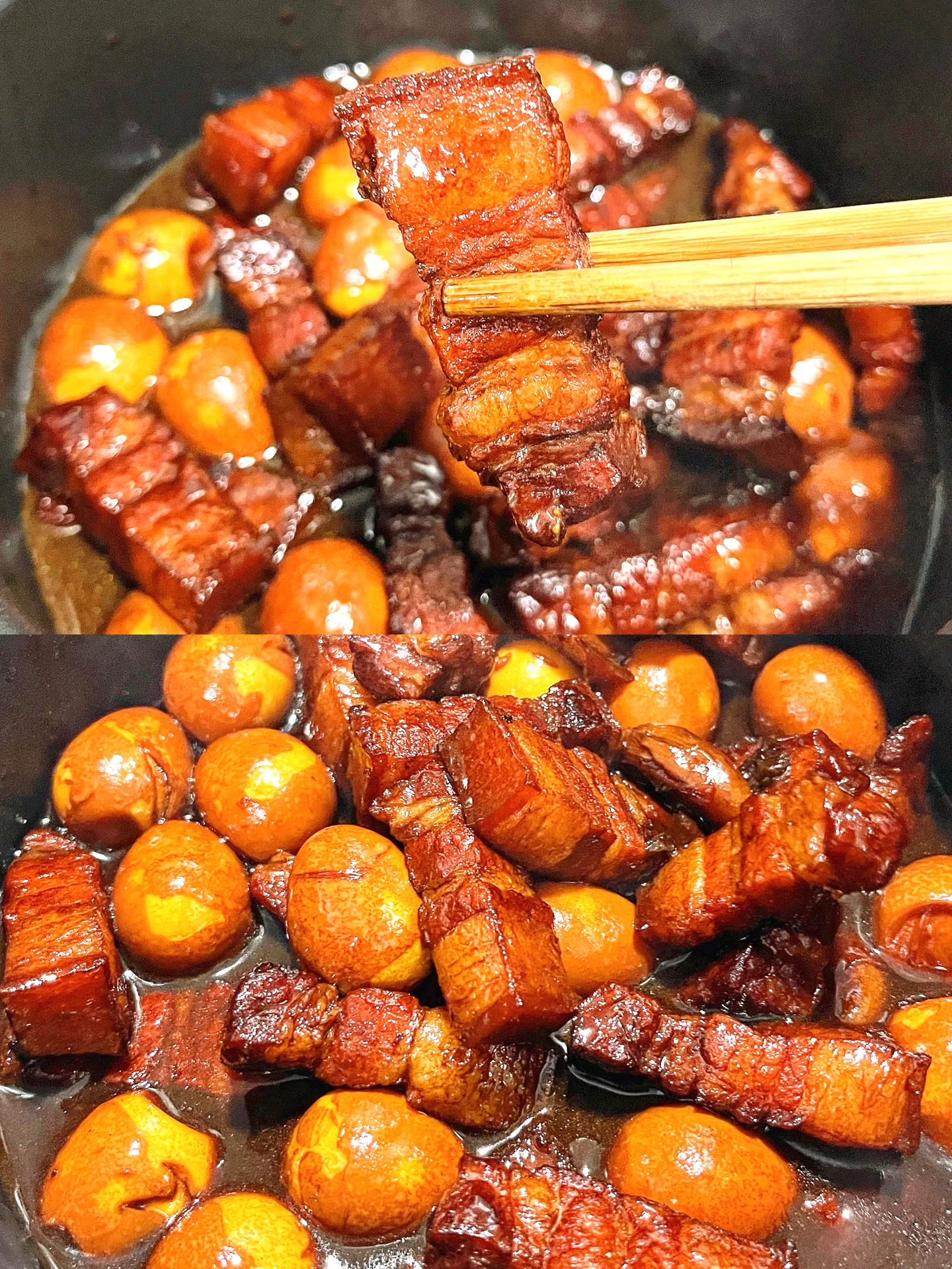 Foto del plato terminado de Delicioso estofado de panceta de cerdo con huevos de codorniz