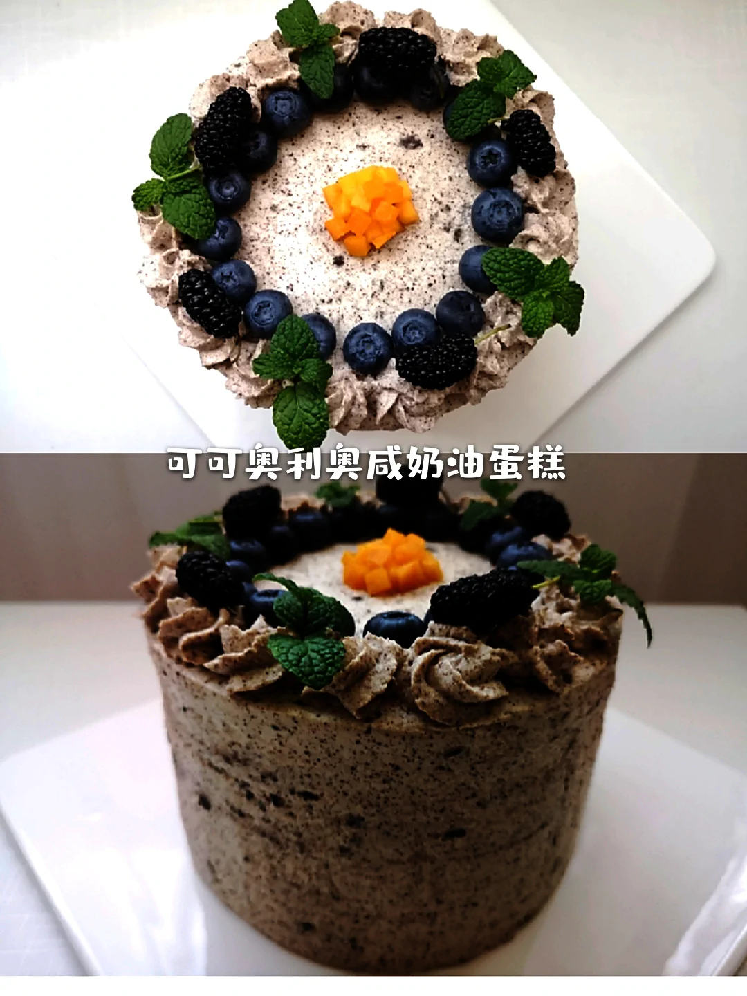 카카오와 오레오 짭짤한 크림 케이크 높이 15cm의 완성된 요리 사진