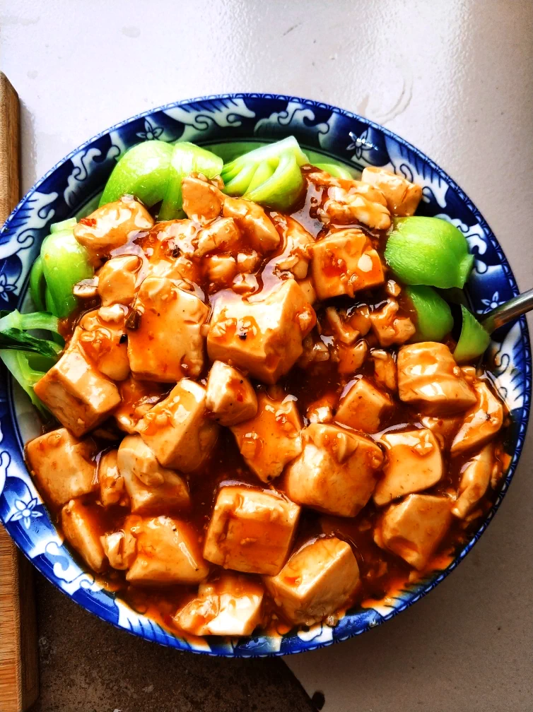 Foto del plato terminado de Mapo Tofu, que solo cuesta cuatro yuanes