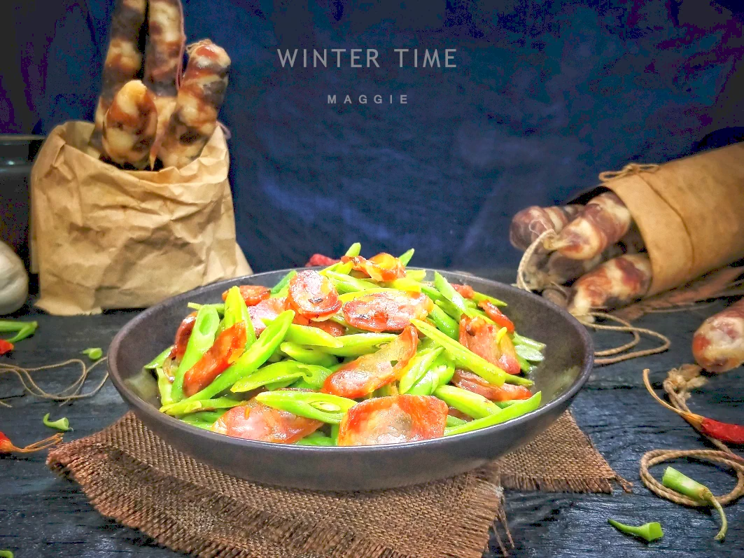 Photo du plat fini de Secret ! Haricots verts sautés à la saucisse chinoise – délicieux plat maison