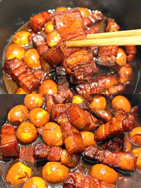 Foto del plato terminado de Delicioso estofado de panceta de cerdo con huevos de codorniz