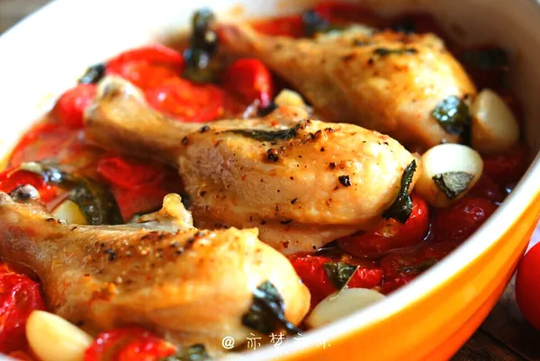 Foto del plato terminado de Muslos de Pollo con Tomates y Albahaca al estilo Jamie Oliver